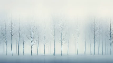 Papier Peint photo Lavable Blanche light white blue fog, a row of trees. watercolor abstract background late autumn, symbol landscape view cold light November, copy space blank blank