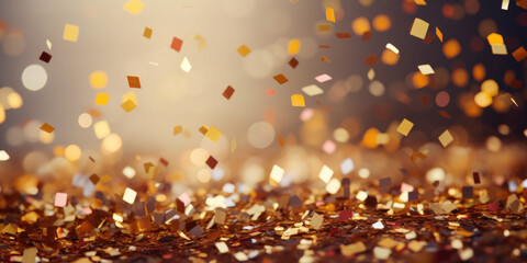 Glittering colourful confetti falling down. Party background concept for holiday, celebration, New Year's Eve or jubilee - obrazy, fototapety, plakaty