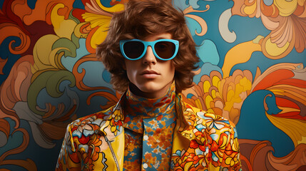 Retro 60s man with sunglasses in colorful psychedelic style - obrazy, fototapety, plakaty