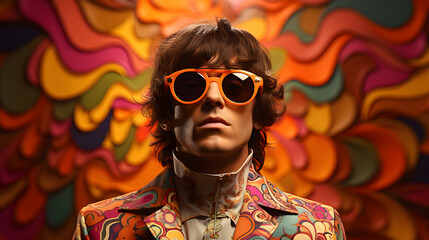 Psychedelic portrait of a man from the 60s-70s. Dressed in iconic retro fashion with sunglasses