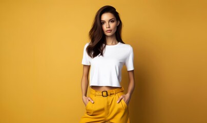 Beautiful woman wearing a white t-shirt, standing with her hands in her pockets isolated on yellow background studio portrait. mockup.