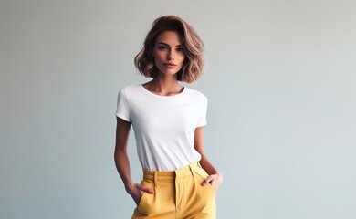 Beautiful woman wearing a white t-shirt, standing with her hands in her pockets isolated on white background studio portrait. mockup. - obrazy, fototapety, plakaty