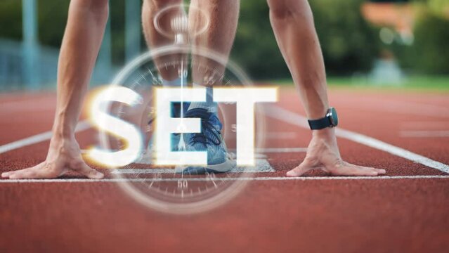 Timepiece clock in front of professional runner at the start of track and field race with digital overlays - On Your Marks, Set