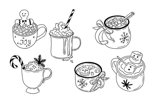 Christmas doodle hot drinks with holiday decoration. Sketchy outline cups with marshmallow, gingerbread man, candy stick and whipped cream. Holiday design for coloring pages, stickers, pattern