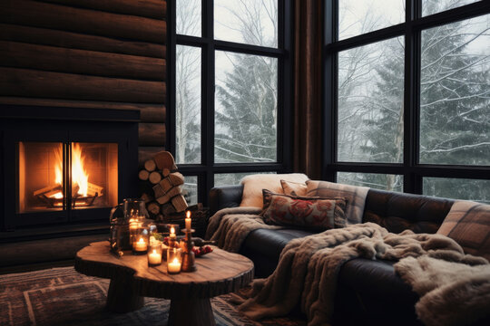 Cozy rustic living room with big floor to ceiling windows and a fireplace, decorated for Christmas.