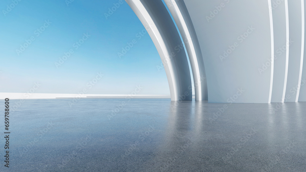 Poster 3d render of abstract futuristic architecture with empty concrete floor. Scene for car presentation.