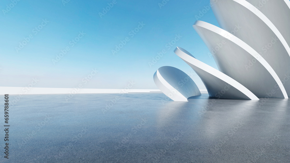 Poster 3d render of abstract futuristic architecture with empty concrete floor. Scene for car presentation.