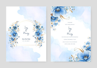 Blue peony modern wedding invitation template with floral and flower