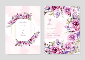 Fototapeta na wymiar Purple violet and pink rose luxury wedding invitation with golden line art flower and botanical leaves, shapes, watercolor