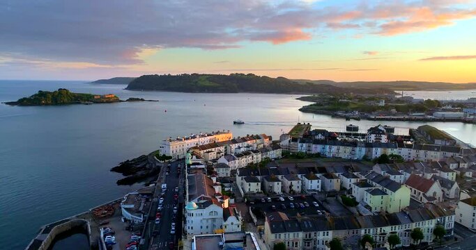 4K Aerial Plymouth England Buildings Sunset Ocean Islands Drakes Island Flyover