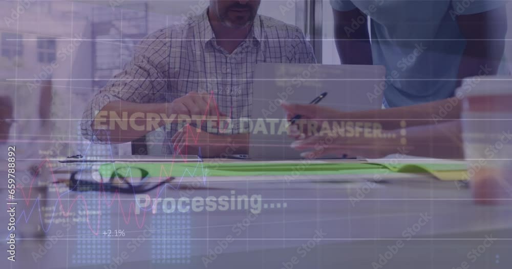 Poster animation of interface with data processing against mid section of colleagues discussing at office
