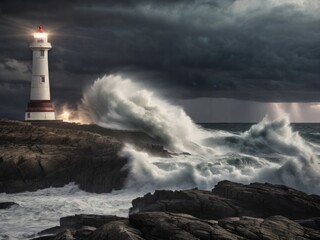 Fototapeta na wymiar Lonely lighthouse on a rocky coast during a storm, with waves crashing and lightning