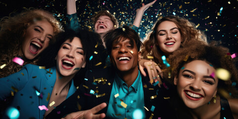 Happy smiling group of mixed race young people dancing, laughing and having fun at the disco club new year party