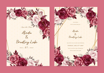 Red and pink rose luxury wedding invitation with golden line art flower and botanical leaves, shapes, watercolor