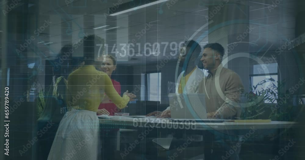 Poster animation of interface with data processing over team of diverse colleagues discussing at office