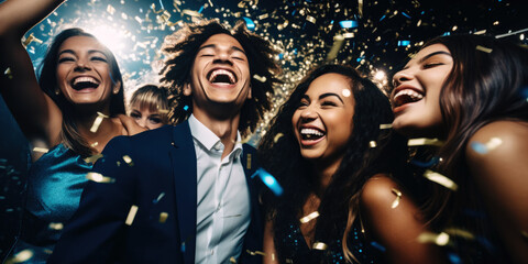 Happy smiling group of mixed race young people dancing, laughing and having fun at the disco club new year party - obrazy, fototapety, plakaty