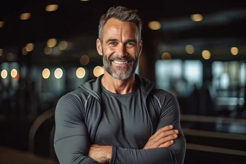 Crédence de cuisine en verre imprimé Fitness Portrait of smiling mature man in sportswear standing with arms crossed in gym
