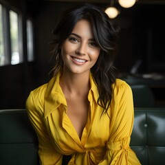 Glamour fashion woman long brunette curly hair natural evening makeup wear sexy short stylish yellow cotton dress.