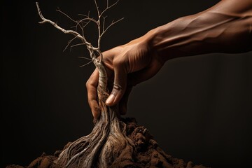 Individual holding a tree root capturing a moment of human-nature interaction