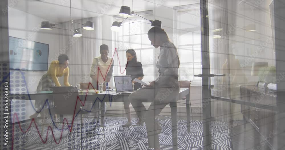 Poster animation of statistical data processing over group of diverse women discussing together at office