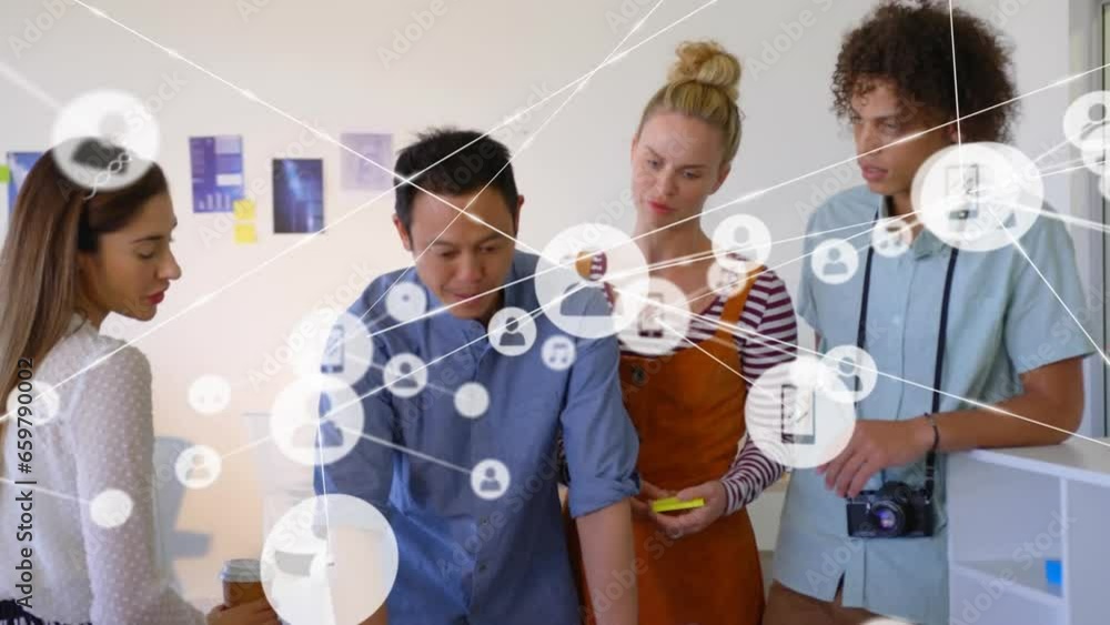 Poster animation of network of profile and digital icons against diverse colleagues discussing at office