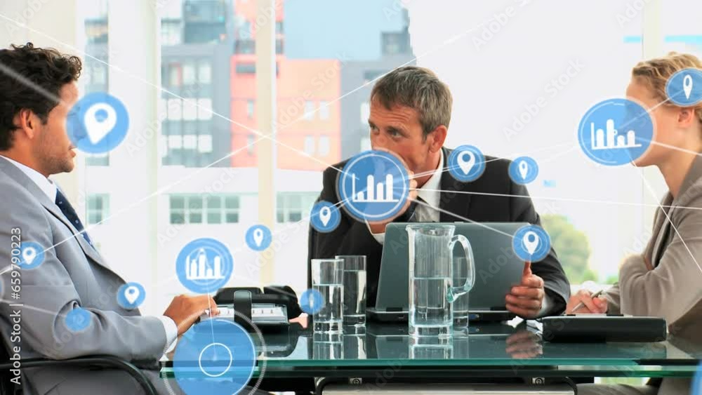 Aufkleber animation of network of digital icons against group of diverse colleagues discussing at office