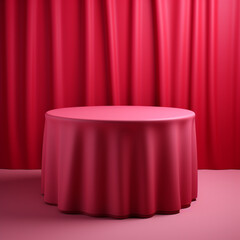 Cylinder podium covered with red cloth on viva magenta background, ai technology