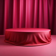 Cylinder podium covered with red cloth on viva magenta background, ai technology