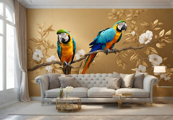 two parrots on a branch,
modern living room
