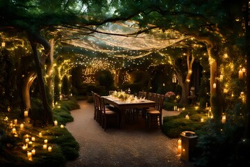 hidden garden with twinkle lights and a canopy of fairy-lit trees
