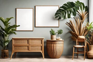Stylish interior design of living room with wooden retro commode, chair, tropical plant in rattan , basket and elegant personal accessories. Mock up poster frame on the wall. Template. Home decor. - obrazy, fototapety, plakaty