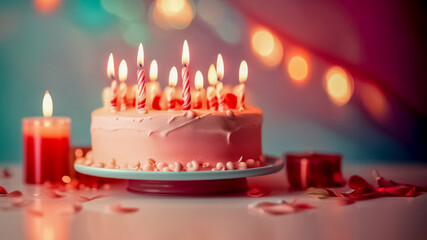Sfondo di Compleanno dai Toni Pastello, colore predominante rosso, Torta e Candele