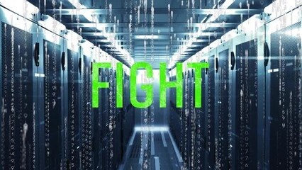 Animation of fight text banner, binary coding and mosaic sqaures against computer server room - Powered by Adobe