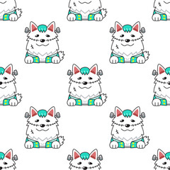 Cartoon cute white dog with halloween costume seamless pattern background for design.