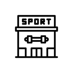 Sport center real estate icon with black outline style. sport, center, fitness, gym, training, workout, exercise. Vector Illustration