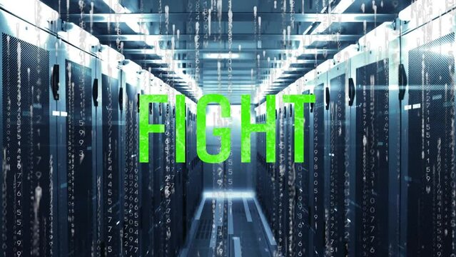 Animation of fight text banner, binary coding and mosaic sqaures against computer server room