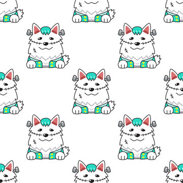 Cartoon cute white dog with halloween costume seamless pattern background for design.