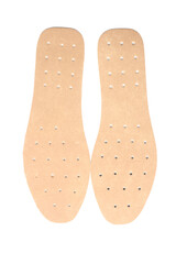 Pair of orthopedic insoles on white background