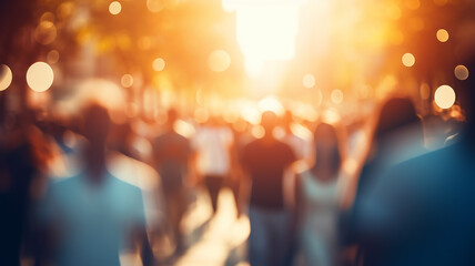 crowd of people on a sunny summer street blurred abstract background in out-of-focus, sun glare image light - obrazy, fototapety, plakaty