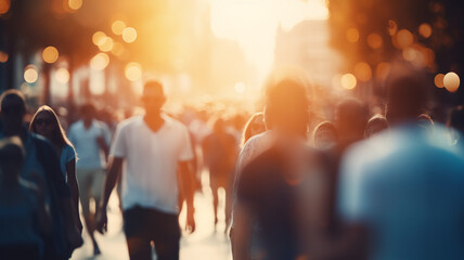 crowd of people on a sunny summer street blurred abstract background in out-of-focus, sun glare image light - obrazy, fototapety, plakaty
