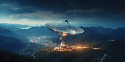 a large satellite dish against the night sky tracks the stars