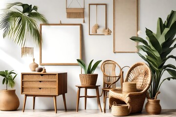 Fototapeta na wymiar Stylish interior design of living room with wooden retro commode, chair, tropical plant in rattan , basket and elegant personal accessories. Mock up poster frame on the wall. Template. Home decor.
