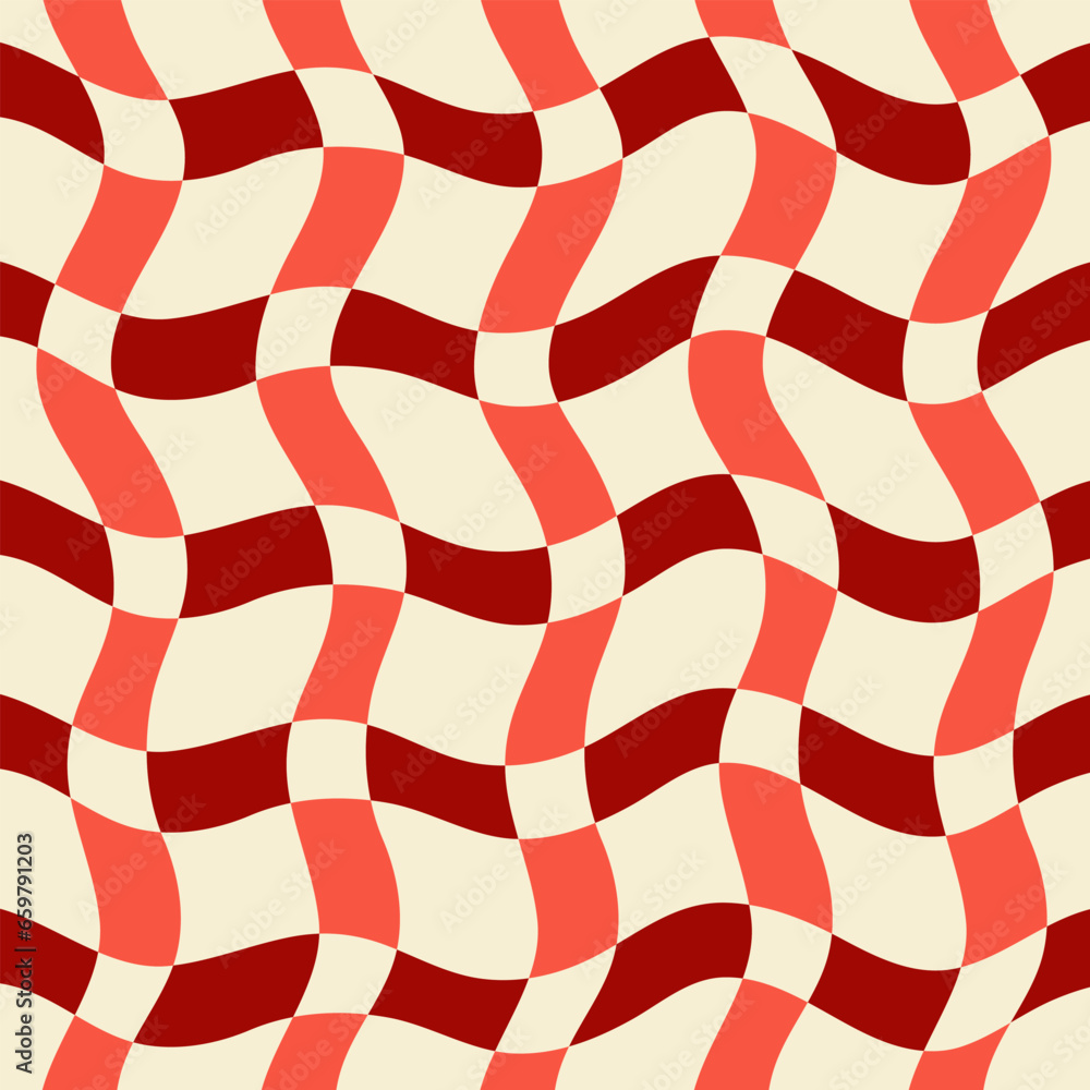 Aufkleber Twisted checkered colorful background. Abstract vector seamless pattern. Retro wavy psychedelic checkerboard