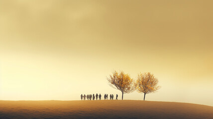 small silhouettes of  group  people on the background copy space autumn landscape golden fog morning tree in nature yellow warm