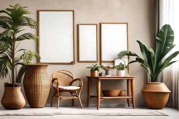 Stylish interior design of living room with wooden retro commode, chair, tropical plant in rattan , basket and elegant personal accessories. Mock up poster frame on the wall. Template. Home decor.