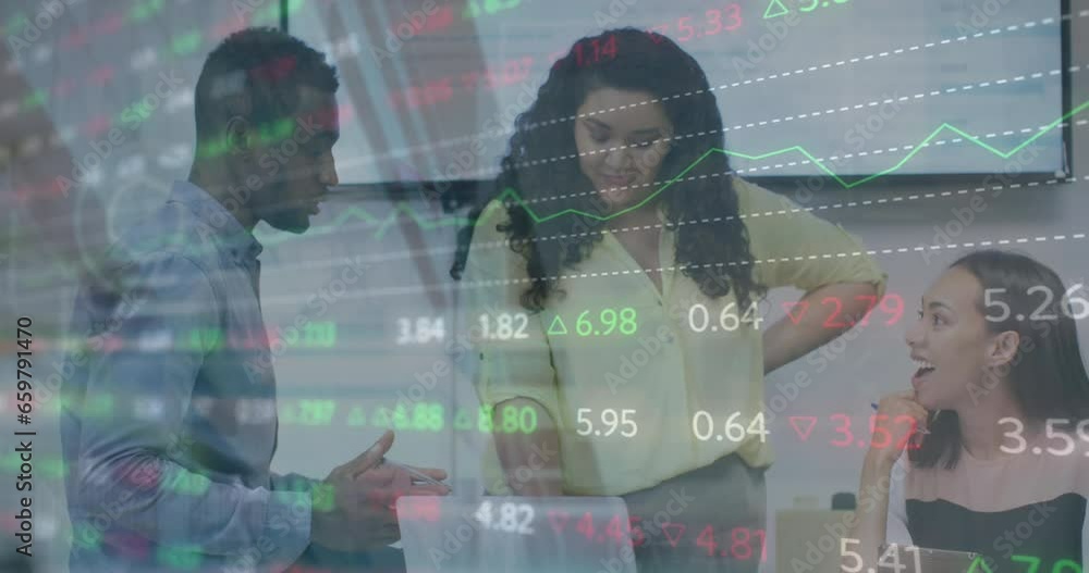 Poster animation of stock market data processing against group of diverse colleagues discussing at office