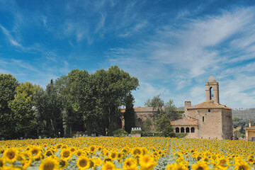 Pubol is a small town located in the municipality of La Pera, province of Girona, Catalonia. View of the castle of Dali and the sunflower fields. - obrazy, fototapety, plakaty