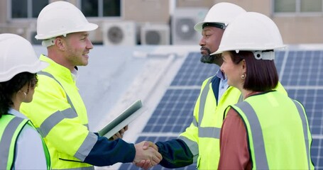 Engineering people, solar panels and handshake for grid installation, eco friendly agreement or thank you on rooftop, Technician, manager or contractor team shaking hands, partnership or project deal