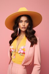 Elegant Mexican woman in pink blazer and wide-brimmed hat against a pink background