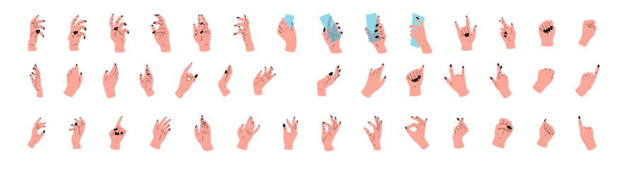 Large set of hands in different poses. Vector illustration of hands with black line on white background.